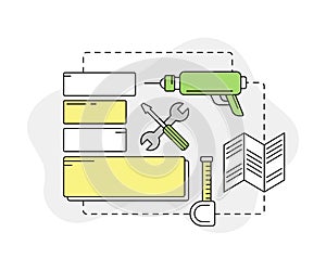 Furniture Items Assembling with Drill and Screwdriver Line Vector Illustration