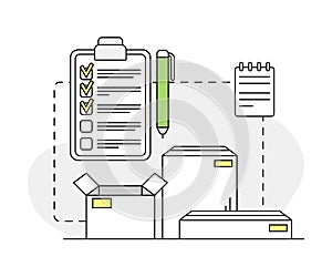 Furniture Items Delivery in Cardboard Box with Check List Line Vector Illustration