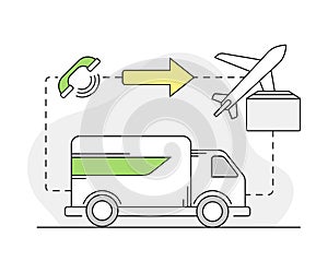 Furniture Items Delivery and Transfering with by Motor Vehicle and Airplane Line Vector Illustration