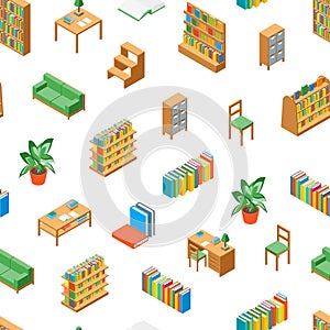 Furniture for Library 3d Seamless Pattern Background Isometric View. Vector