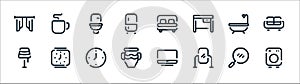 Furniture line icons. linear set. quality vector line set such as washing machine, mirror, vase, lamp, bath, toilet, bed, mug