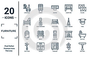 furniture linear icon set. includes thin line living room, crib, door, coat stand, side table, porch swing, bathtub icons for