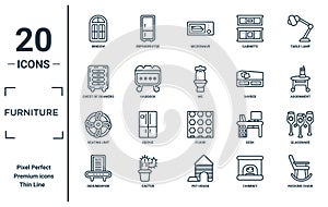 furniture linear icon set. includes thin line window, chest of drawers, heating unit, dehumidifier, rocking chair, wc, glassware