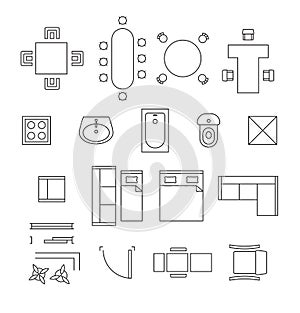 Furniture linear vector symbols. Floor plan icons