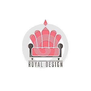 Furniture logo sofa, interior design creative mockup emblem shape crown, comfort divan icon