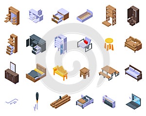 Furniture manufacture icons set isometric vector. Assemble making