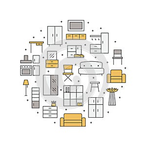 Furniture outline multicolored vector circle background. Minimalistic design.