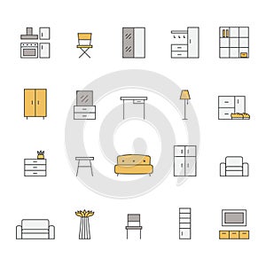 Furniture outline multicolored vector icon set. Minimalistic design.