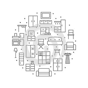 Furniture outline vector circle background. Modern minimalistic design.