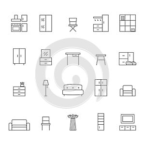 Furniture outline vector icon set. Modern minimalistic design.