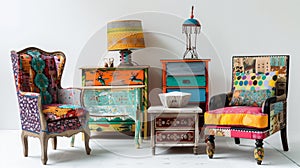 Furniture pieces, showcasing the concept of upcycled and vintage furniture.