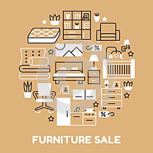 Furniture sale banner illustration with flat line icons. Interior store poster with living room, bedroom, home office