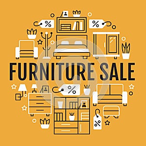 Furniture sale banner illustration with flat line icons. Living room, bedroom, home office chair, kitchen, sofa, nursery