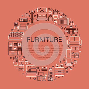 Furniture sale banner illustration with flat line icons. Living room, bedroom, home office chair, kitchen, sofa, nursery