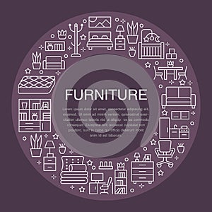 Furniture sale banner illustration with flat line icons. Living room, bedroom, home office chair, kitchen, sofa, nursery