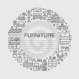 Furniture sale banner illustration with flat line icons. Living room, bedroom, home office chair, kitchen, sofa, nursery