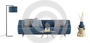Furniture set with blue sofa and floor lamp on white background