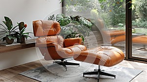 Furniture set with brown leather chair and ottoman by window in living room