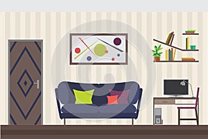 Furniture Set. Flat Vector Illustration for you Interior Design. Elevation with Door, Sofa, Table, Chair, Shelves and