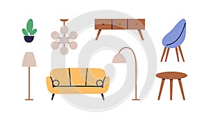 Furniture set for home living room interior. Sofa, cozy couch, chair, floor lamps, wood coffee table and potted plant in