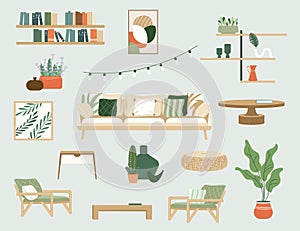 Furniture set for boho style living room interior design. Sofa, pillows, armchairs, bookshelves, plants, table. Modern