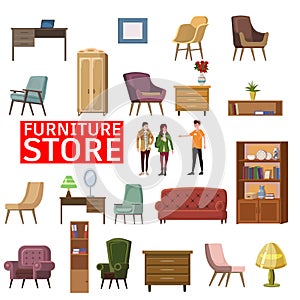 Furniture shop interior set of furniture and home accessories. Sofa, chairs, armchairs, bookshelf, plants, lamps, table