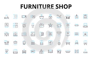 Furniture shop linear icons set. Sofas, Chairs, Tables, Beds, Dressers, Bookcases, Ottomans vector symbols and line