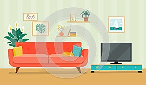 Furniture: sofa, bookcase, tv, picture. Living room interior.