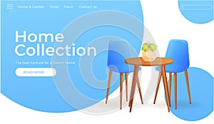Furniture store for home design banner. Modern interior with table and chairs and plant . Landing Page Website concept