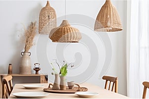 furniture style beige kitchen room table lamp dining decor rattan. Generative AI.