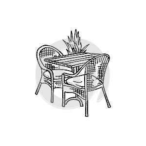 Furniture in summer cafe - two chairs with table and plant. Outdoor coffee bistro. Vector sketch hand drawn illustration