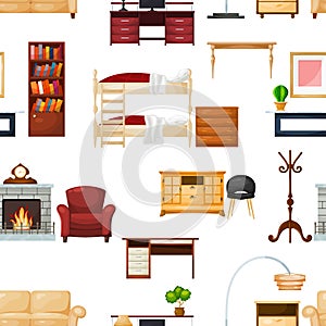 Furniture vector furnishings design of living-room interior in apartment set of sofa table with drawers to furnish room