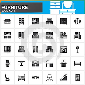 Furniture vector icons set, Home Interior modern solid symbol collection, pictogram pack isolated on white