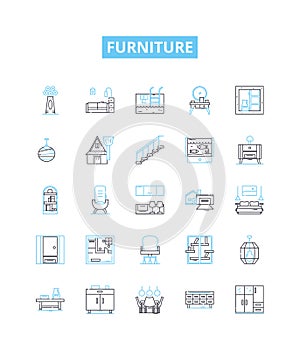 Furniture vector line icons set. Furniture, Chairs, Tables, Sofas, Desks, Stools, Cupboards illustration outline concept