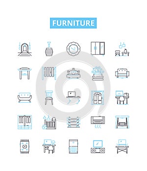 Furniture vector line icons set. Furniture, Chairs, Tables, Sofas, Desks, Stools, Cupboards illustration outline concept