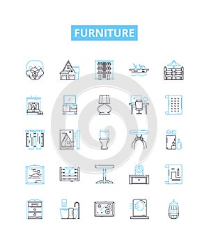 Furniture vector line icons set. Furniture, Chairs, Tables, Sofas, Desks, Stools, Cupboards illustration outline concept