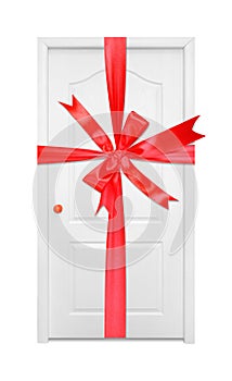 Furniture - White inside door gift tied red bow in the orange ha