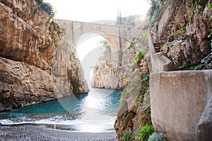 Furore fiord creek, beach, bridge and sea scenic view, Amalfi Coast, Italy photo