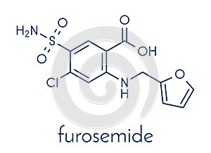 Furosemide diuretic drug molecule. Medically used to treat hypertension. Also used as masking agent in sports doping. Skeletal.