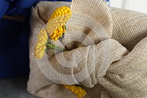 Furoshiki technique. Gift packed in beige fabric with yellow chrysanthemum flowers, closeup