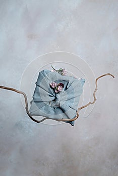 A furoshiki wrapped box on tree branch in front of the wall