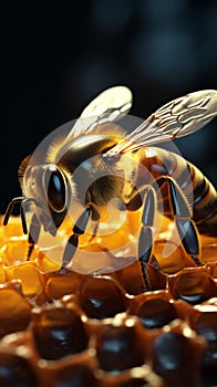 Furry bee on sweet honeycomb with copy space