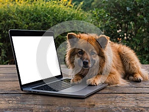 A furry brown Chow Chow dog lies next to an open laptop on a wooden deck outdoors