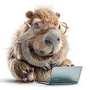 Furry Capybara Programmer Coding on Laptop Tech Mascot with Glasses