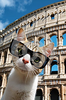 furry cat with sunglasses in Rome and Coloseum in background