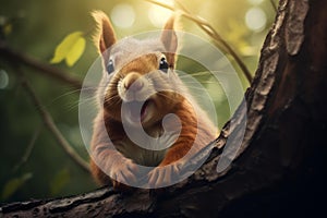 Furry Curious squirrel branch nut. Generate Ai