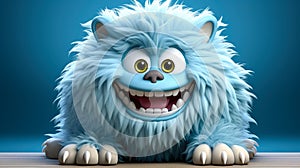 Furry Cute Blue Cartoon Monster Mascot Character with Large Eyes and Teeth, Generative AI