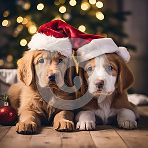 Furry Festivity: Two Puppies with Christmas Hats and Tree