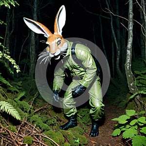 furry fetish, spooky man dressed as a green rabbit walking in the forest at night , flash photography