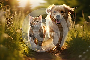 Furry Friends in Action: Dog and Cat Enjoying a Summer Romp. Generative By Ai